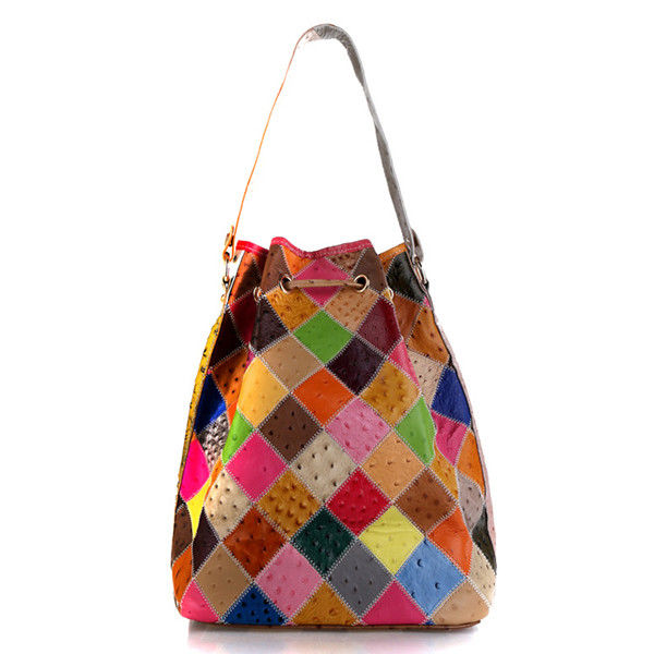 Wholesale Multi-Color Pieced Leather Womens Drawstring Handbag